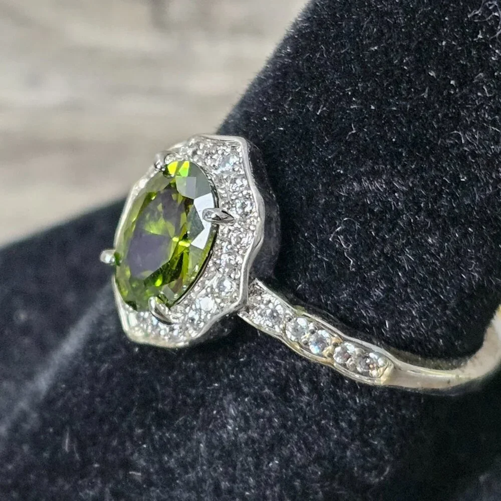 Silver Tone White Topaz Smokey Olive Tourmaline Halo Diamante CZ Ring New Size 7